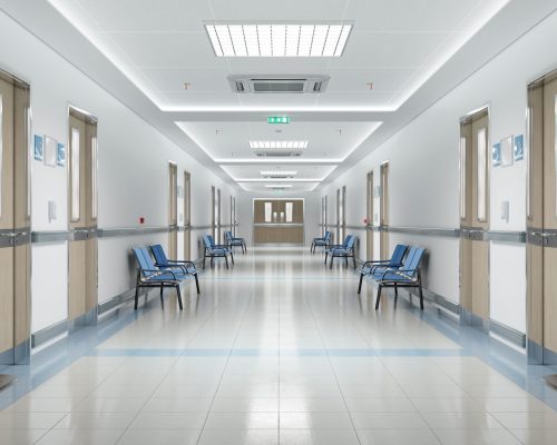 Long,White,Hospital,Corridor,With,Rooms,And,Blue,Seats,3d